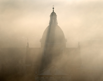 Beautiful Krakow in the morning fog
