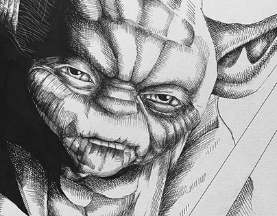 Yoda, Star Wars, pen and ink drawing, pen and ink