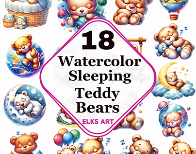Watercolor Sleeping Teddy Bears Clipart
