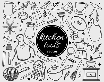 Collection of kitchen tools, dishes, cutlery