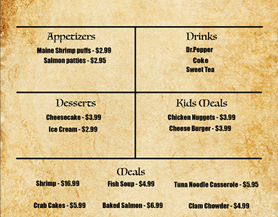 a made-up menu for a restraunt