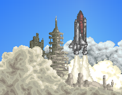 Pixel Art. Space shuttle launch.