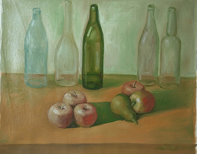 Still Life With Glass Bottles And Fruits