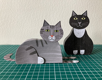 Cats & owl paper models for children's magazine