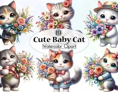 Cute Baby Cat Watercolor Clipart