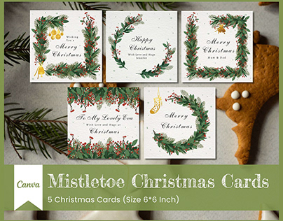 5 Mistletoe Christmas Cards Canva Template