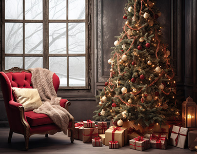 Living room interior with christmas fir tree