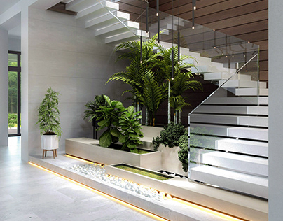 Living room,Staircase,kitchen design.Holl-zal və mətbəx