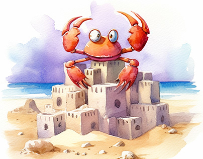 Crab Building a Sandcastle - watercolor Illustration