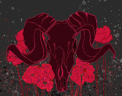 Ram Skull with Poppies Print