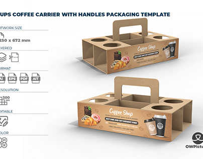 Cups Coffee Carrier with Handles Packaging Template