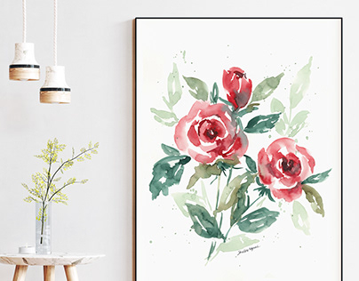 Watercolor Art Print Red Roses