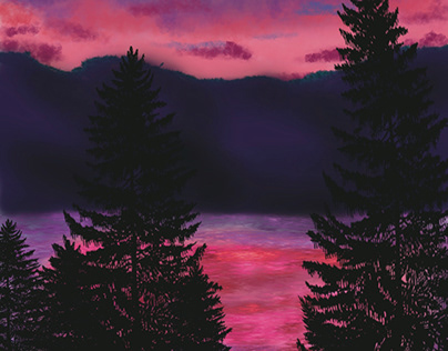 Pink, trees, sky, water, scenery, mountains
