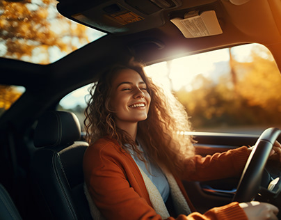 Young smiling woman driving her car