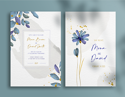 Watercolor Wedding Invitation in blue and gold tones
