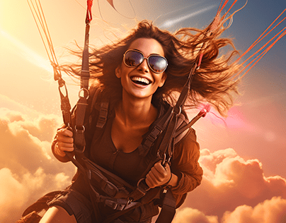 Beautiful woman flying with parachute
