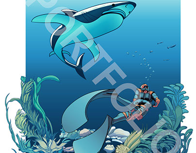 Vector illustration sea-diver & shark