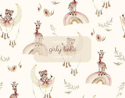 Girly Boho watercolour surface pattern design for kids