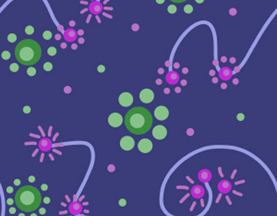 Pink and green dots, light blue line on a dark blue bac