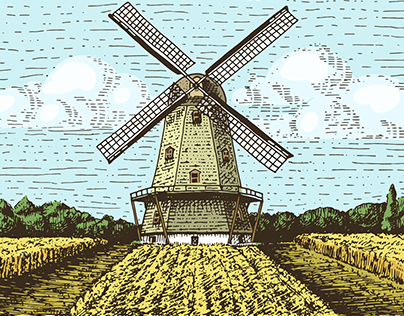 windmill engraved illustration