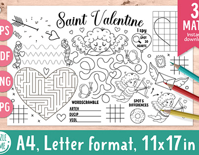 Saint Valentine activity coloring place mats for kids