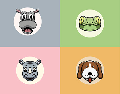 Cute faces of dog, rhino, hippo, and frog illustration