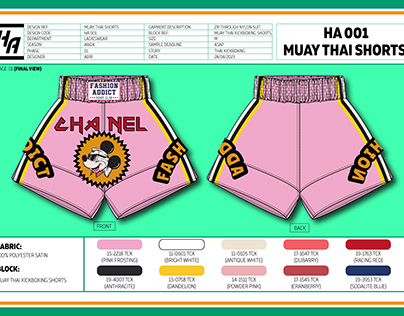 Muay Thai Shorts Tech Pack and Flat Sketch