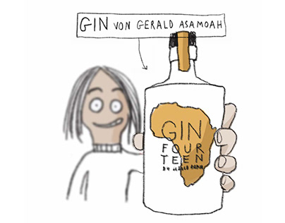 Packaging für den "Gin Fourteen" von Gerald Asamoah