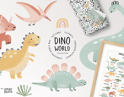 Dino World. Patterns, Alphabet, Map