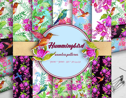 Hummingbirds and flowers. Seamless patterns