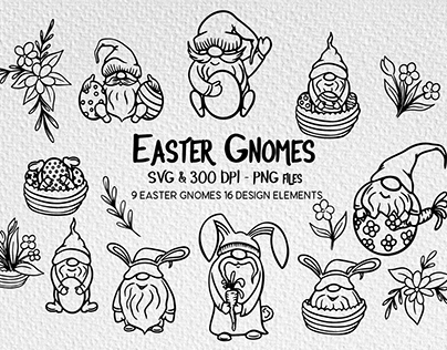 Easter gnomes and flowers svg and png set