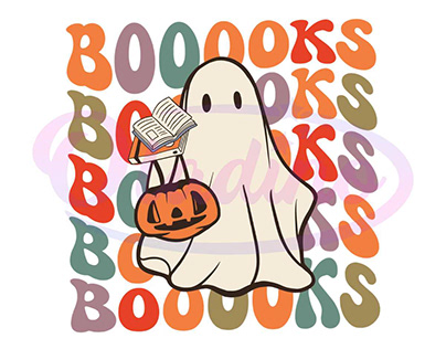 Halloween Retro Ghosts Reading Books Teacher Librarian