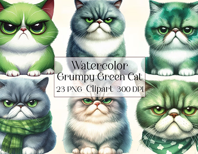 Watercolor Grumpy Green Cat clipart