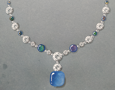 Gouache rendering diamond & opal necklace