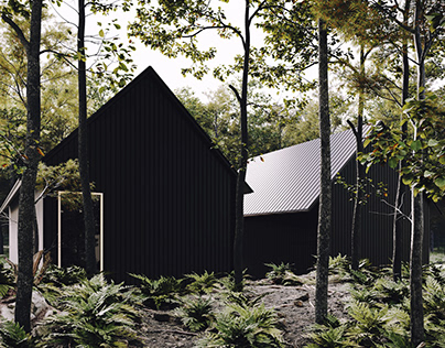 black cabin in the woods