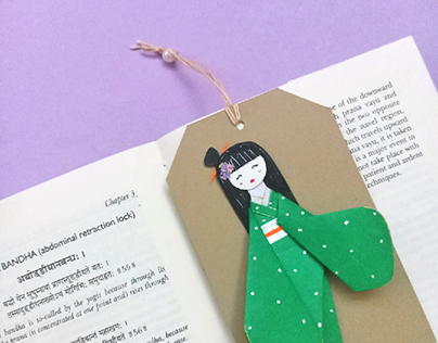 Origami Japanese Doll Bookmark with silver details
