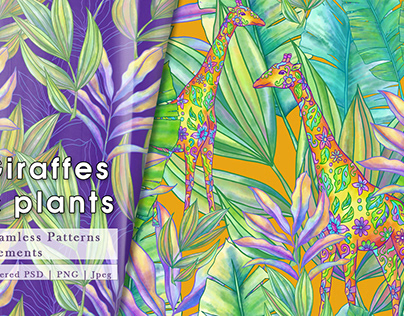 Giraffes & Plants Seamless patterns