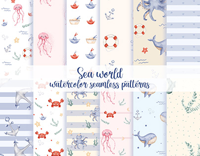 Sea world watercolor seamless patterns.