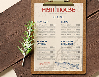 Retro style fish food restaurant menu.