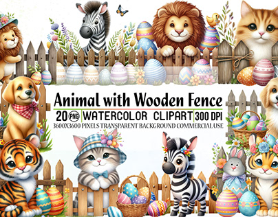 Easter Animal with Wooden Fence Clipart