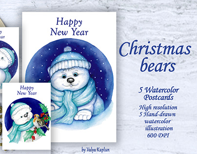 Christmas bears. Watercolor illustration.