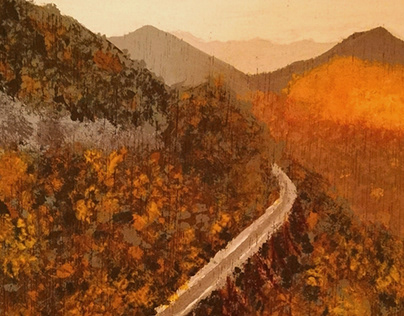 Railway Circling Forested Mountains in Acrylic