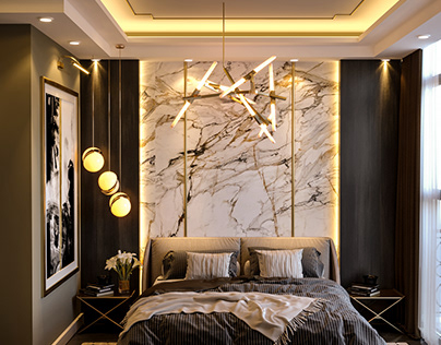 MARBLE AND WOOD MASTER BED ROOM