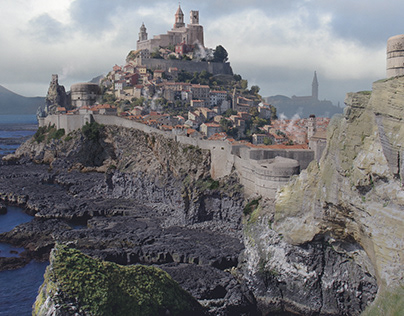 Matte painting - Medieval city in Iceland landscape