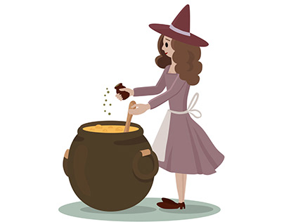 A witch cooking pours something into the cauldron.