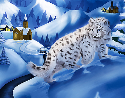 Snow Leopard in Village Scene