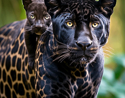 Black Mother Jaguar walking with her baby on her Back