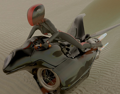Flying motorbike with its pilot in the desert