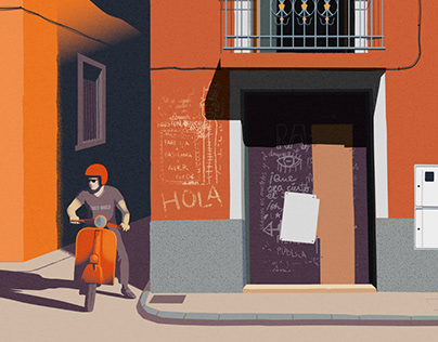 Scooter on a street in Orihuela. Vector illustration