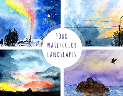 Watercolor hand drawn landscapes